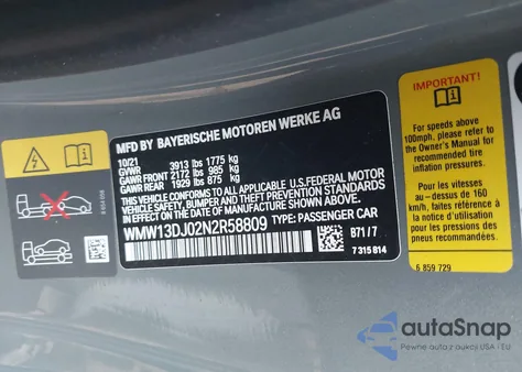 2022 Mini Cooper Se z USA, uszkodzony, nr VIN WMW13DJ02N2R58809